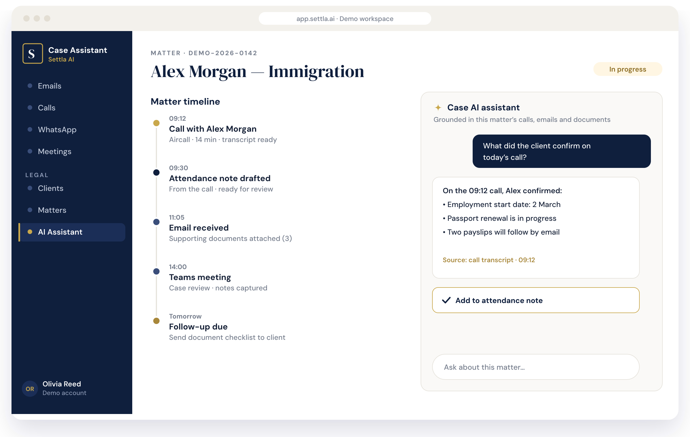 Settla AI Case Assistant: illustrative product view · fictional demo data